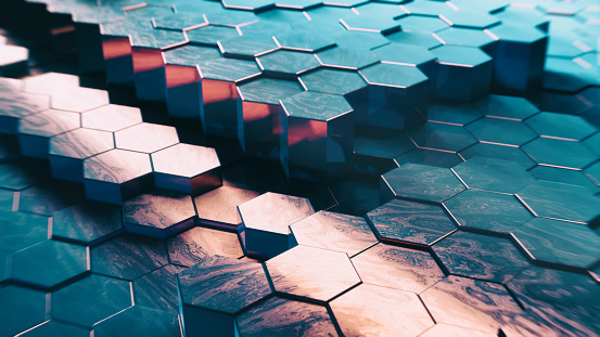 Abstract Technical 3D hexagonal background pattern- 3d rendered image with shallow DOF