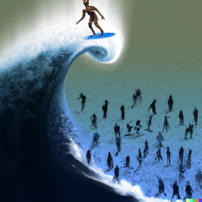 DALLE - artificial intelligence as a technological tsunami with a lone surfer riding the top and a bunch of other people underneath about to be drowned