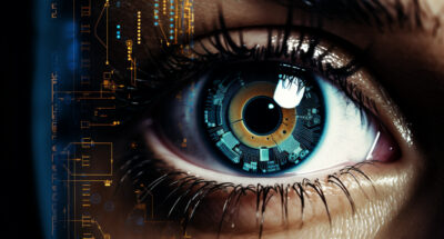 Futuristic woman eye display cyberspace concept science background technology human person vision system digital cybersecurity