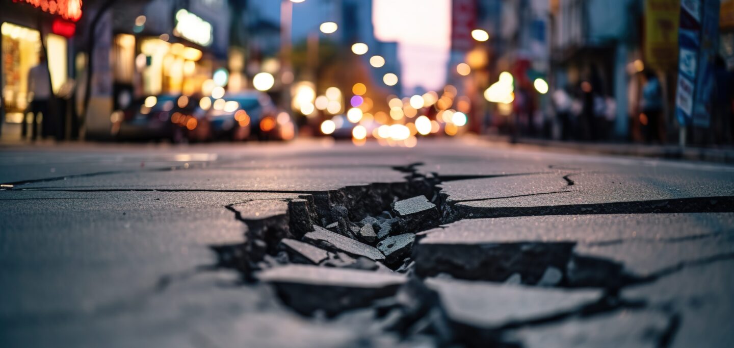 In a busy city street there is a road with a long crack depicting the effects of an earthquake The background appears blurry