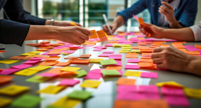 Coworkers having workshop with brainstorming session exchanging post-it notes Business ideas Creativity brainstorming executive coaching corner session