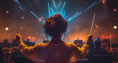 A young woman confidently leads an orchestra with a baton Concept of musical talent Generative AI Crisis management leadership - new generation of managers