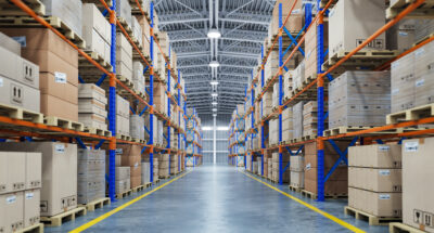Warehouse or storage and shelves with cardboard boxes Industria logistics