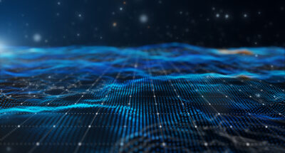 Futuristic flying over 3D blue digital landscape mountain terrain abstract technology background 3D landscape
