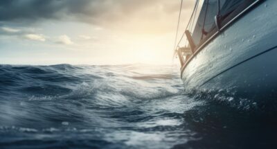 Maritime Discovery Bow of Sailboat Navigating Vast Ocean Waters Sailors Physique Evident Yet Face Hidden by Cap Orienting Toward the Vast and Unseen Horizon Generative AI navigating
