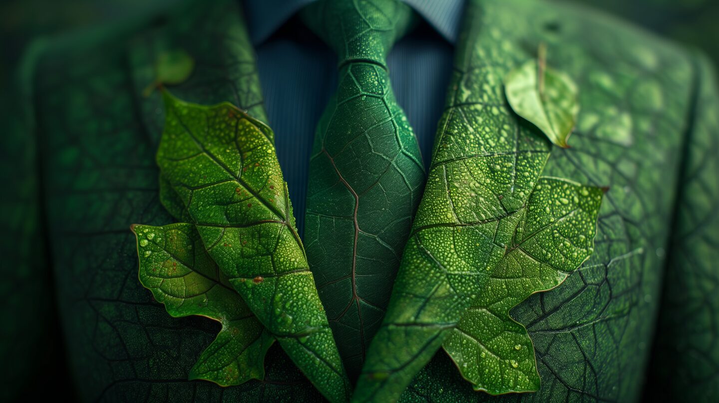 Businessman in a suit wears a tie made of green leaves