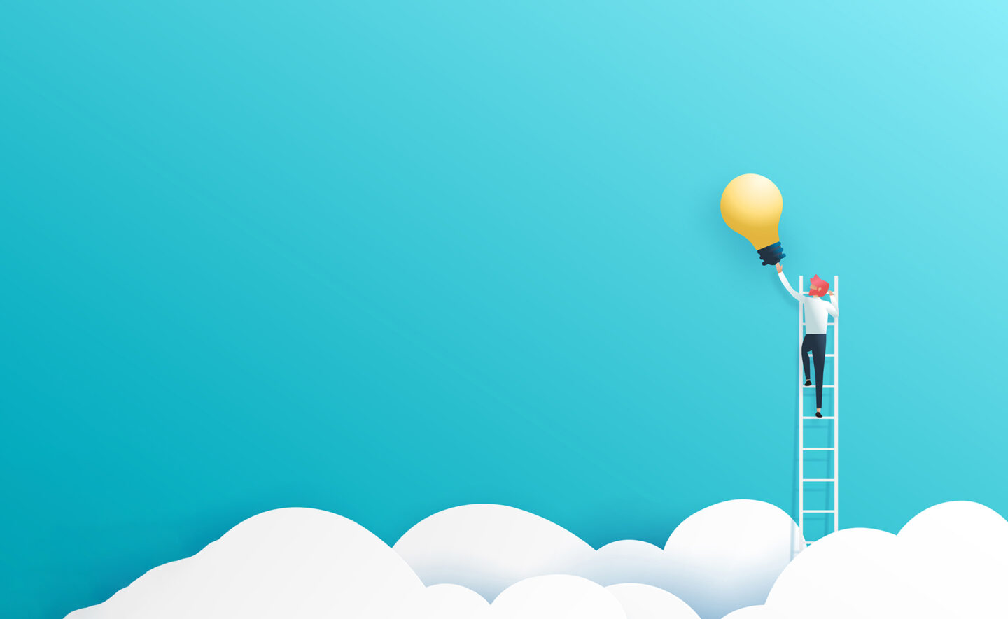 Businessman on a ladder reaching light bulb above cloud on blue talent management