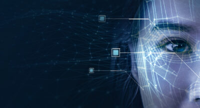 Face detection AI technology, facial recognition security user identification access, Asian businesswoman confident, smart scanning sensor environment surrounding concept, 3d model wireframe.