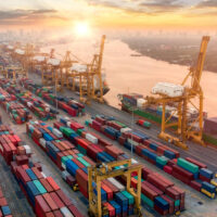 Aerial view and top view cargo plane flying above ship port in the export and import business and logistics international goods. Shipping cargo to harbor by crane