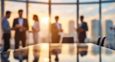 Business Team Meeting in a Modern Office at Sunset Blurred silhouette of a business team having a meeting in a modern office with city skyline