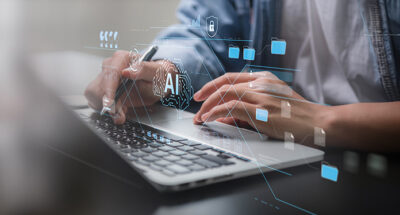 AI Business Management Professional Using Digital Technology for Data Analysis Network Security and Cybersecurity in a Modern Workspace