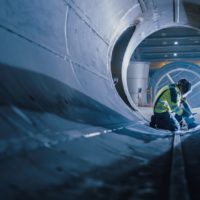 Welder welding in a massive pipe