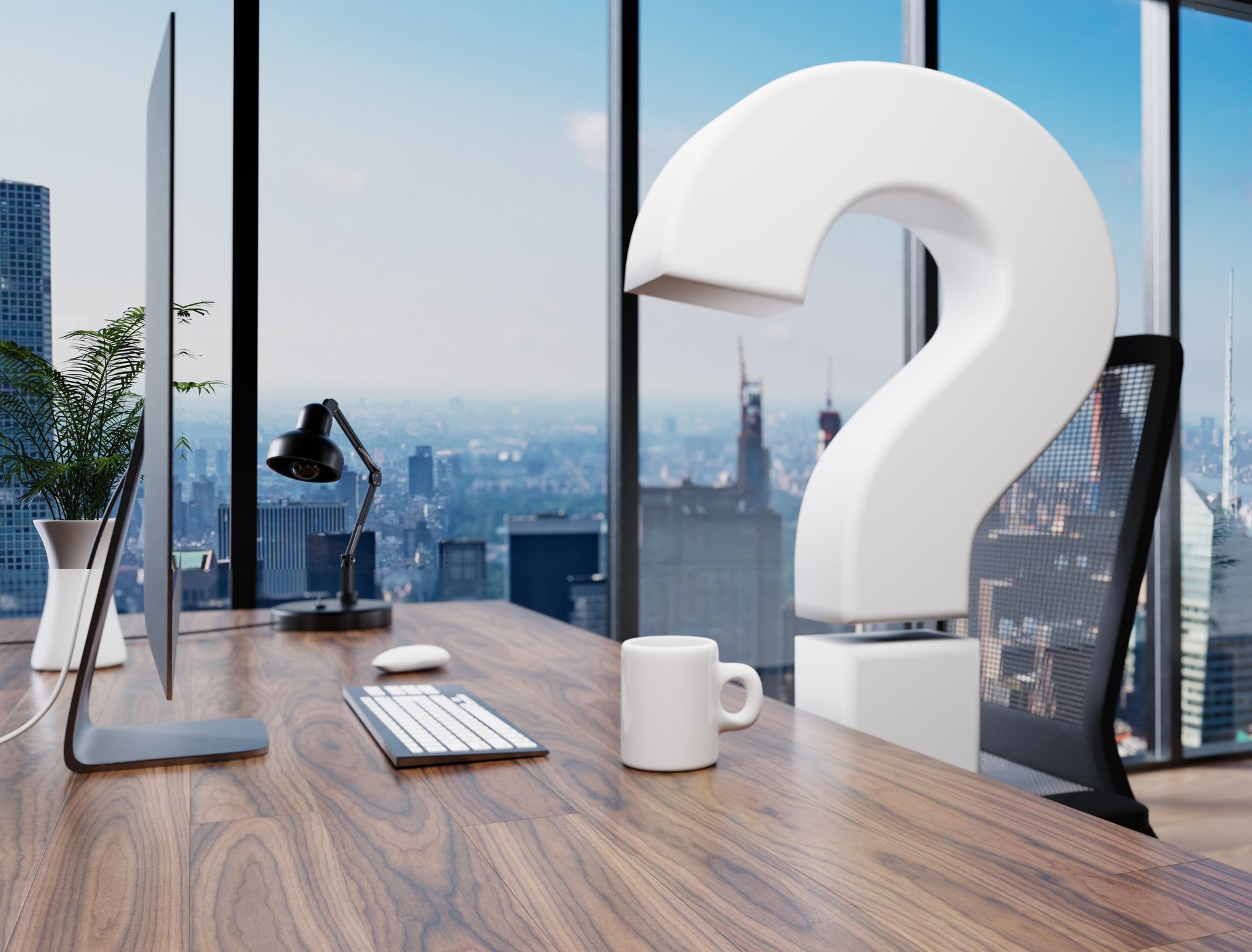 Question mark sitting at modern clean workplace with computer on wooden desk in front of city skyline view hiring conceptual 3D Illustration