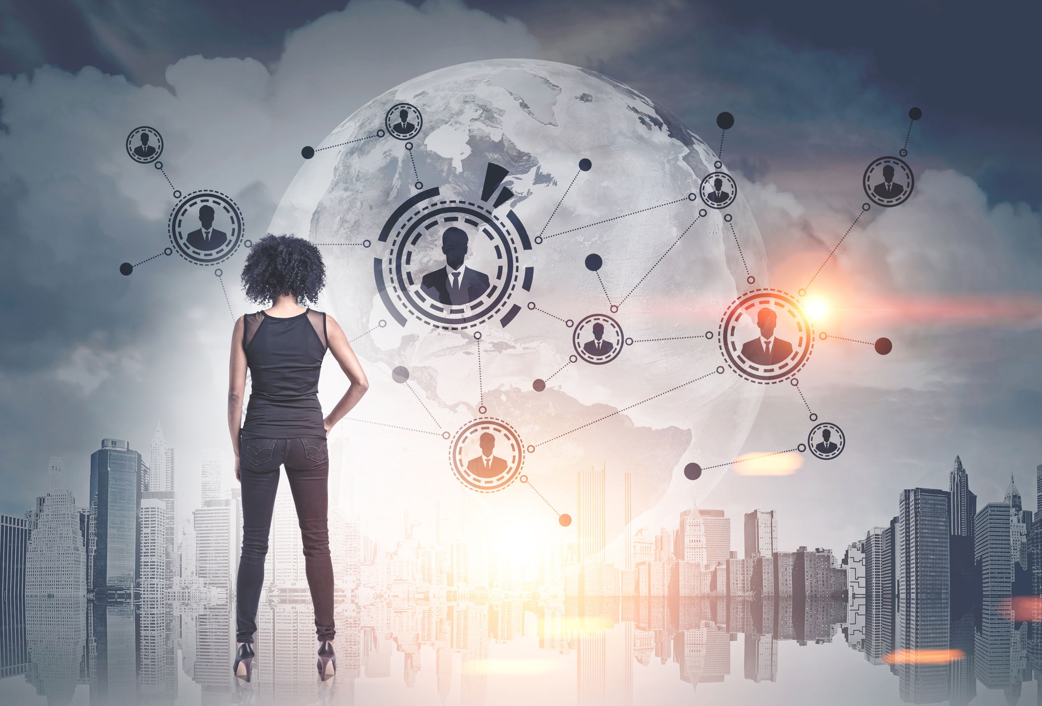 African American woman network cityscape