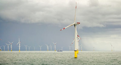 Wiev on a Orsted Offshore wind-turbine farm Borkum Riffgrund 2 in German North Sea close to Emden with nautical vessel and ships on 2392018 parc éolien Orsted Offshore Borkum Riffgrund 2 en mer du Nord allemande près d’Emden