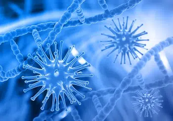 Virus looking elements with DNA strands in the background - IMD Business School