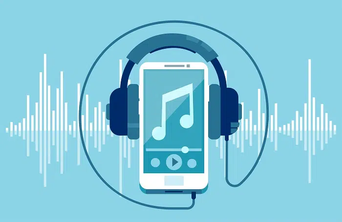 Vector of a smart phone and headphones on a equalizer blue background - IMD Business School