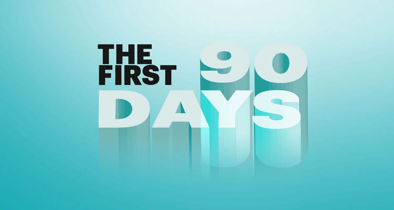 Graphic design featuring the text “The First 90 Days” on a blue gradient background with a three-dimensional typography effect. - IMD Business School
