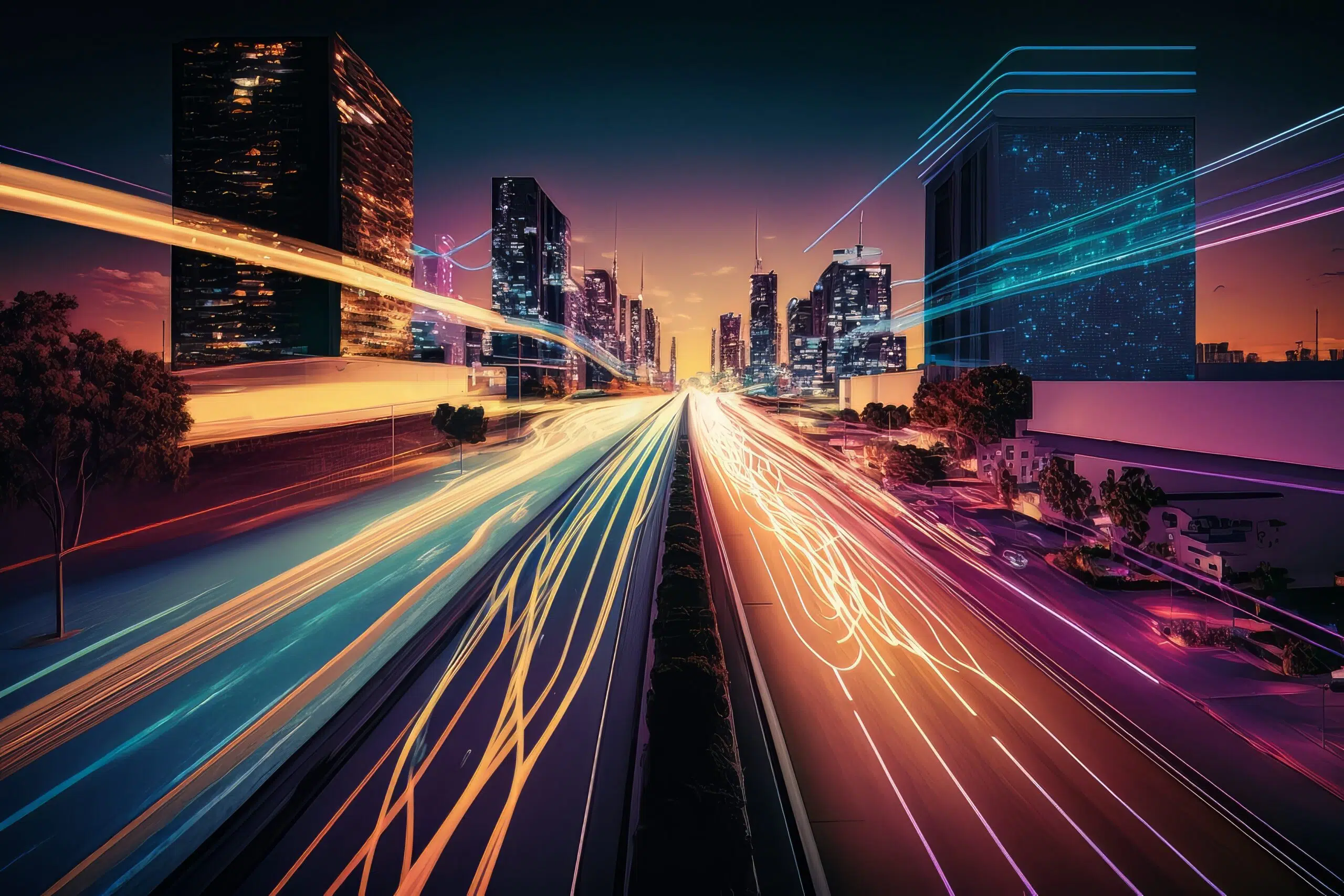 Smart digital city with high speed light trail of cars of digital data transfer ai generated - IMD Business School
