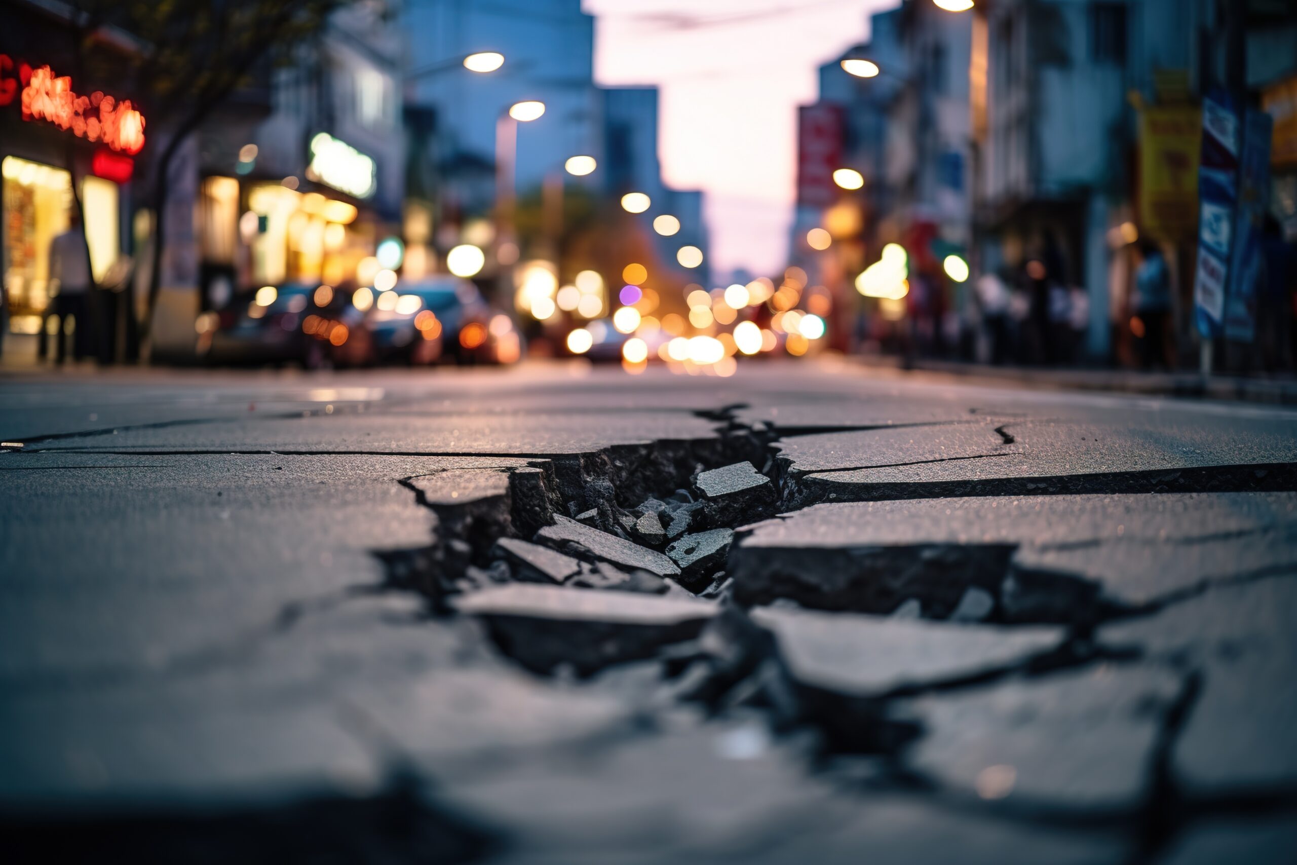 In a busy city street there is a road with a long crack depicting the effects of an earthquake The background appears blurry