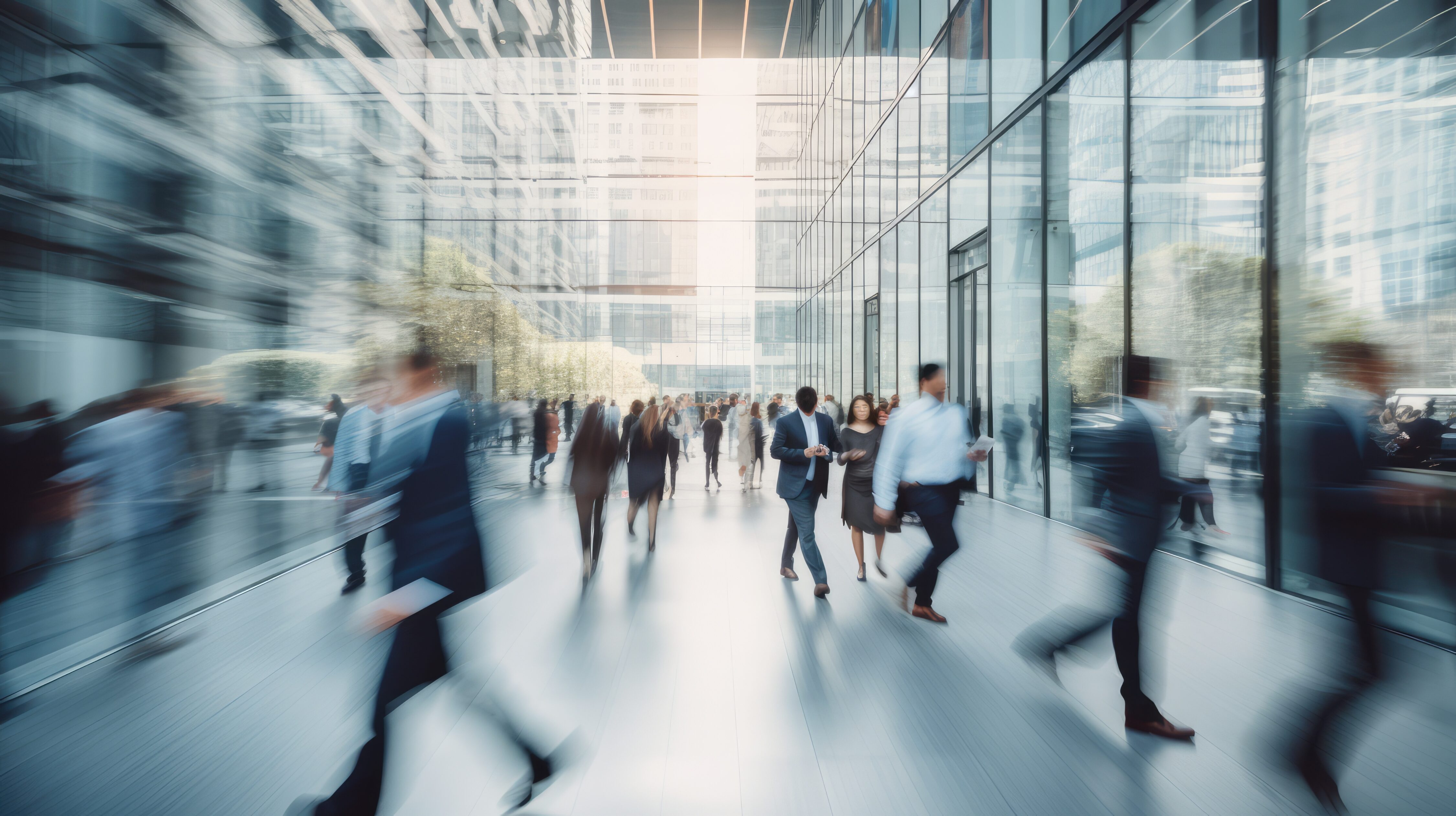 blurred business people in white glass office background Generative AI fast life