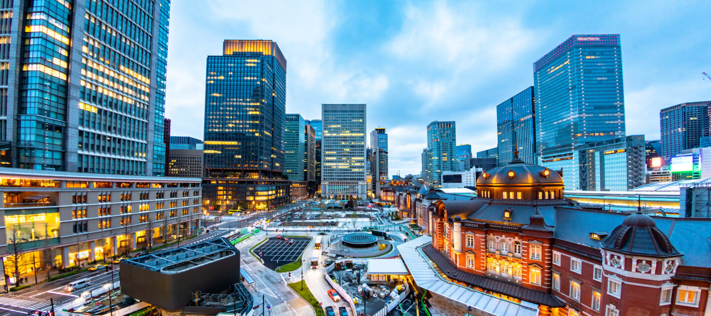 Cityscape of the modern Tokyo city at the old Tokyo station Jap japan investing