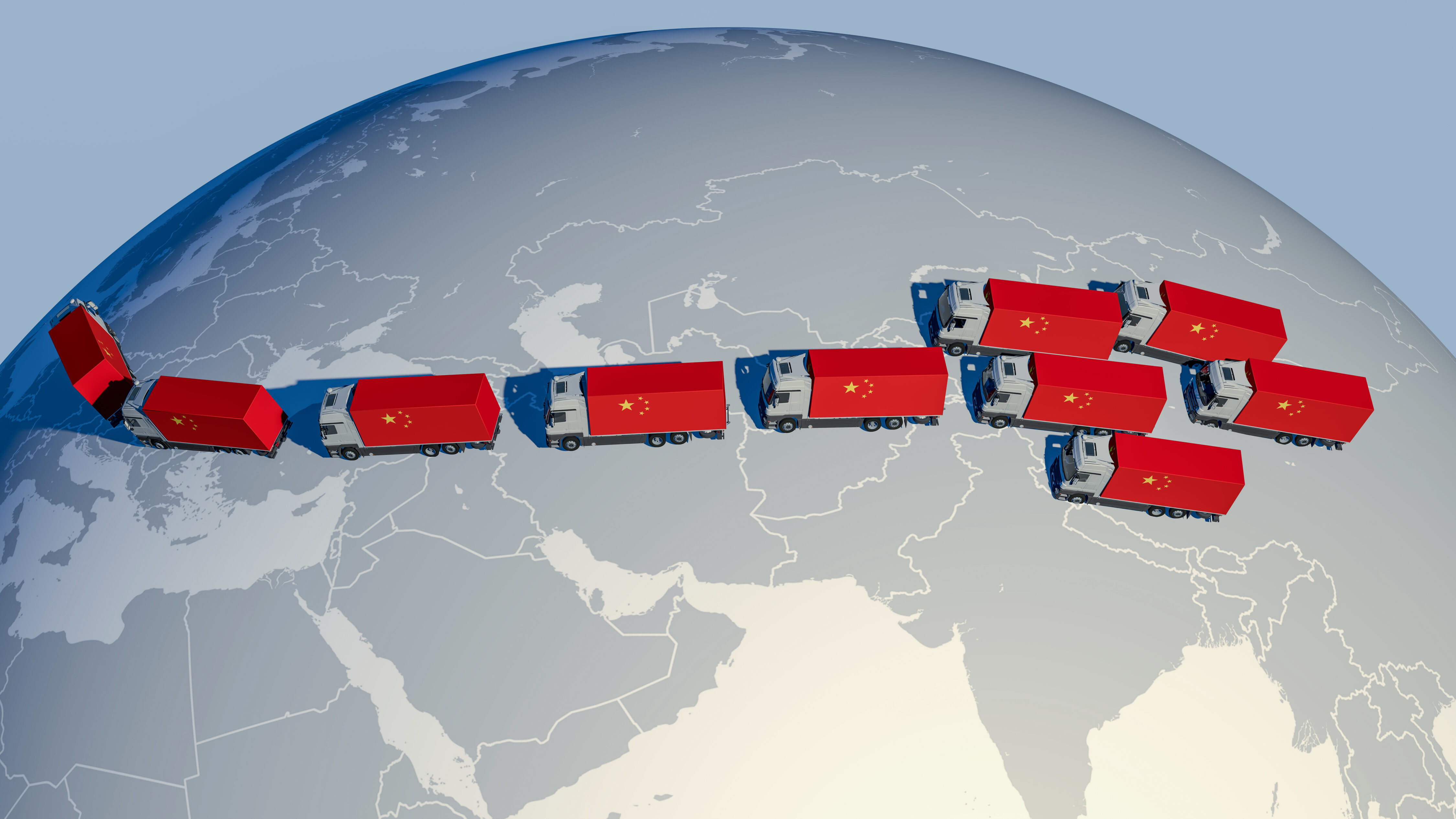 A number of trucks drive on the new silk road from China to Europe – Concept globalization – new trade routes -3d-illustration