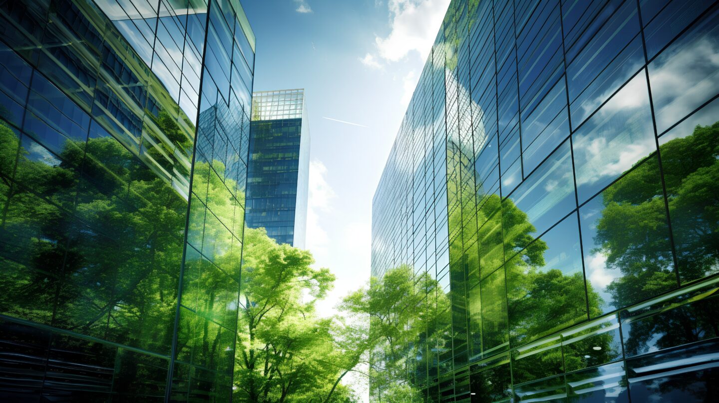 Exemplifying the ESG – Environmental Social Governance concept a corporate glass building facade reflects green trees Importance of integrating sustainability into business practice Generative AI green business