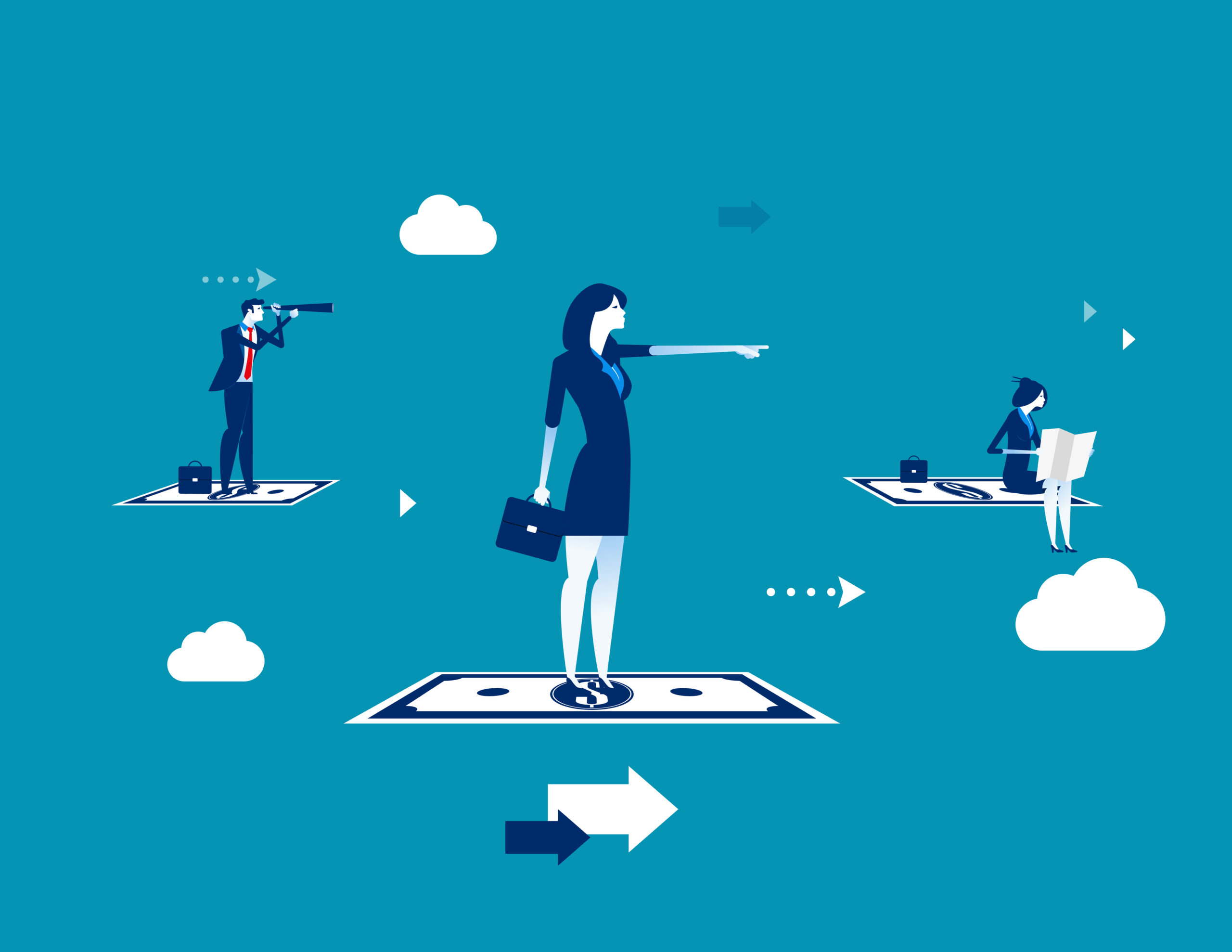 Searching for success Business team standing money flying Concept business vector illustration