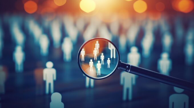 HRM or Human Resource Management Magnifier glass focus to manager icon which is among staff icons for human development recruitment leadership and customer target –ar 169 –s 300 research