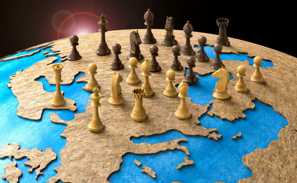 symbol of geopolitics in the world with chess pieces 3D illustration - IMD Business School geopolitical risk in the world - IMD Business School