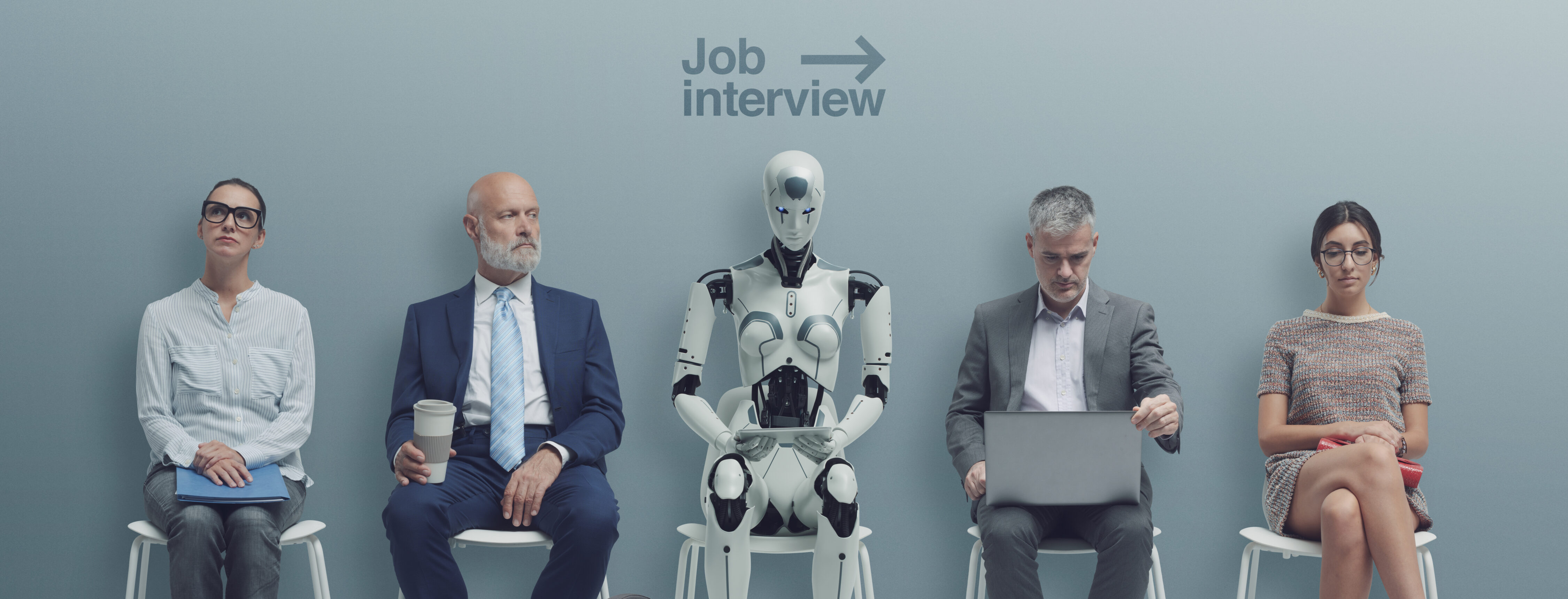 Business people and humanoid robot waiting for a job interview robot job interview
