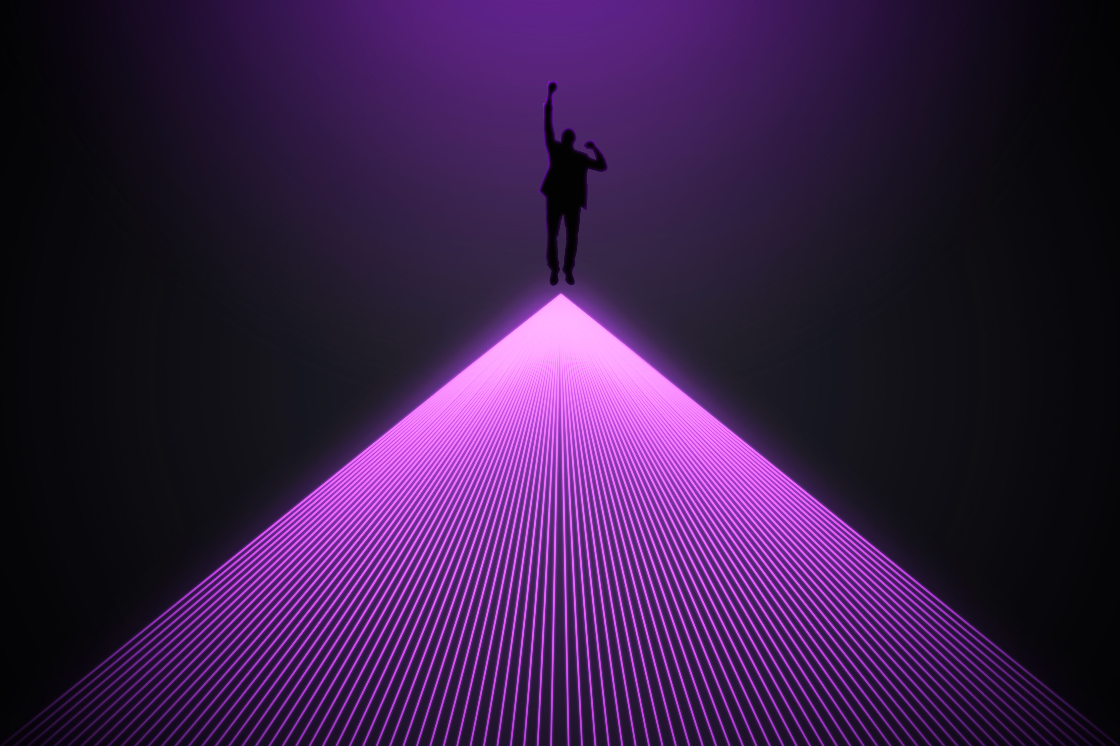 Conceptual image of businessman silhouette on bright purple lines background Success metaverse and direction concept Coaching corner management decisions and resolutions