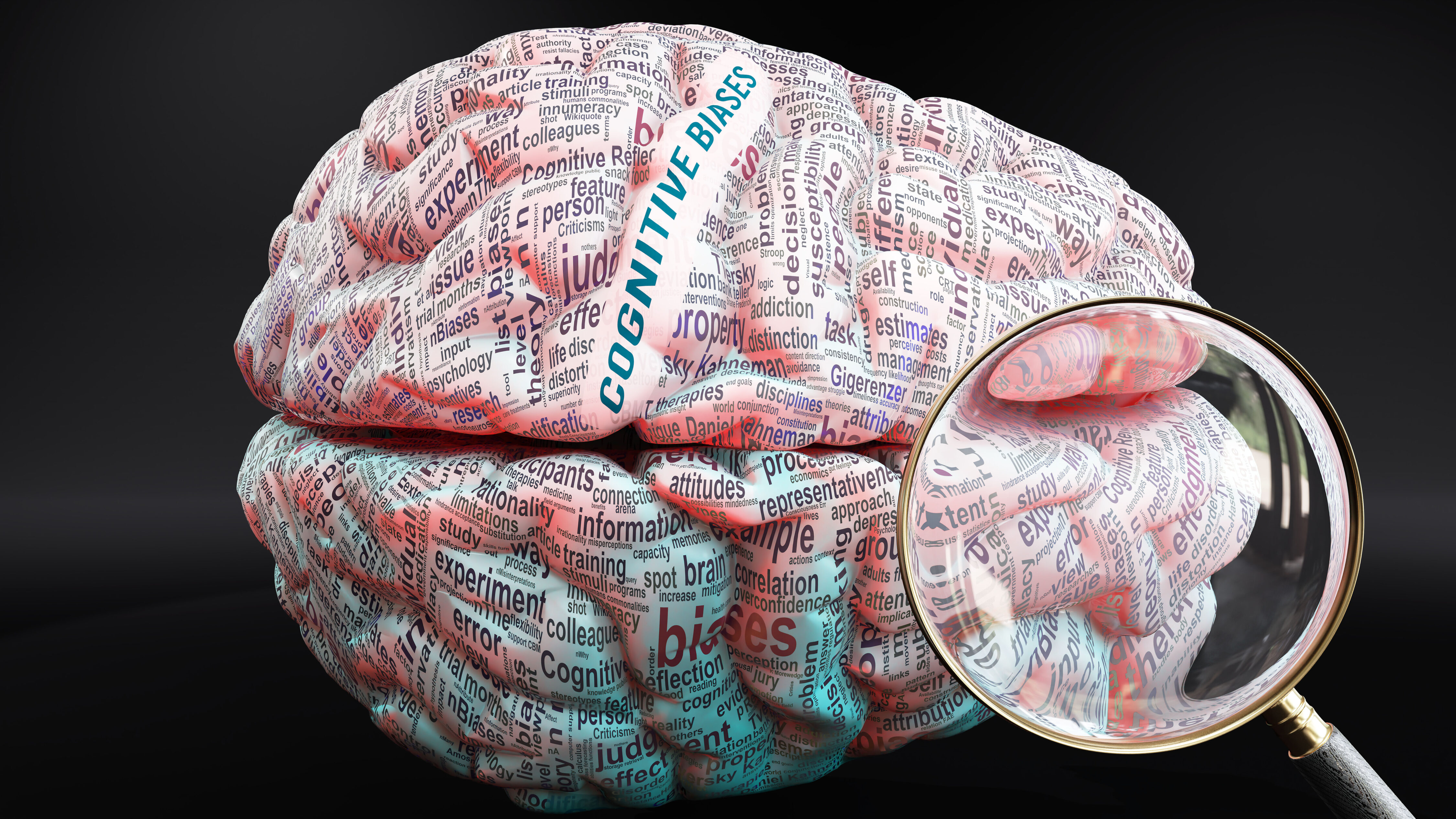 Cognitive biases in human brain a concept showing hundreds of c