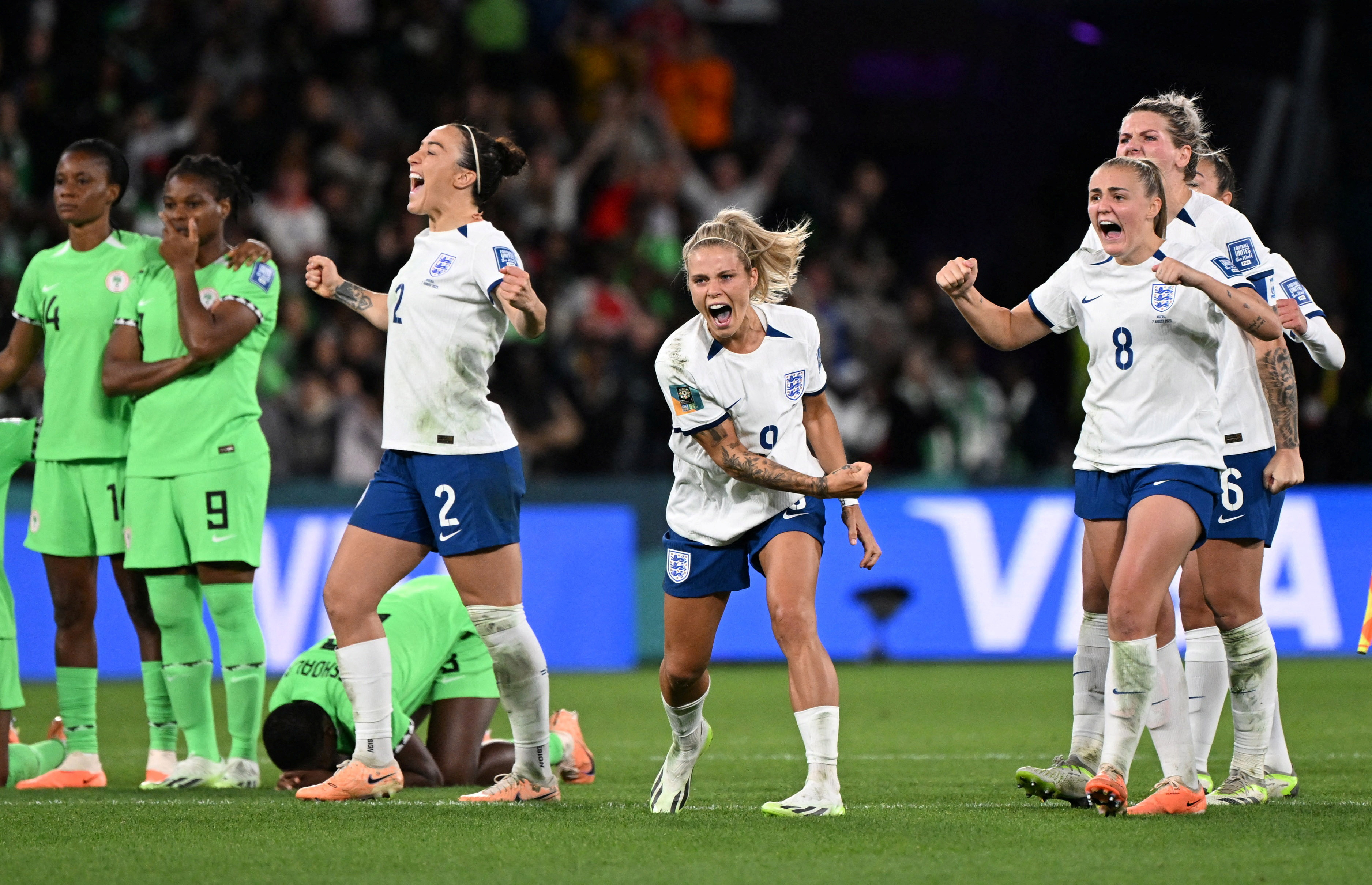 England's Rachel Daly and Georgia Stanway celebrate during the penalty shootout against Nigeria at the 2023 World Cup. REUTERS/Dan Peled
