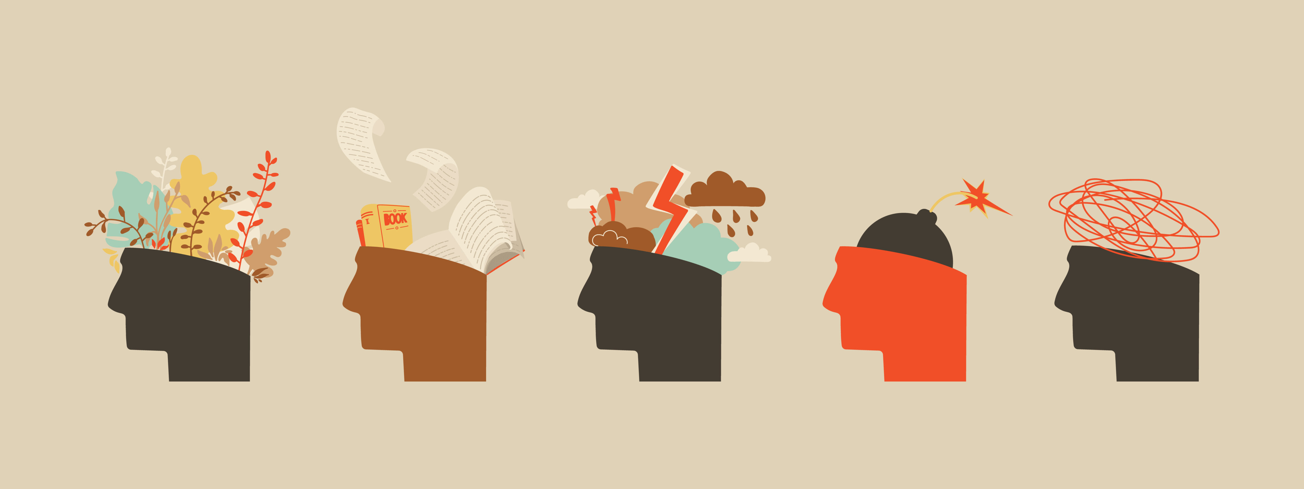 Mental health problems psychological state Human head with plants books rain bomb confused thoughtsVector isolated illustration for design