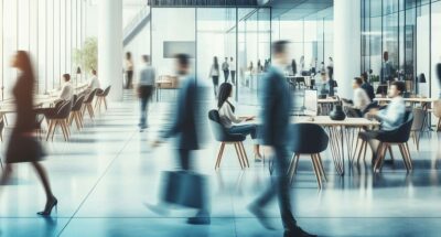 crowd business workplace with people in walking in blurred motion in modern office space