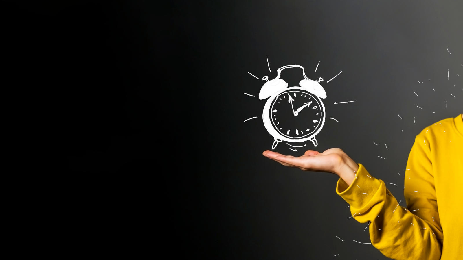 The ringing alarm clock is drawn on the hand of a young girl in a yellow sweater. The background is dark gray. It's time to get up!