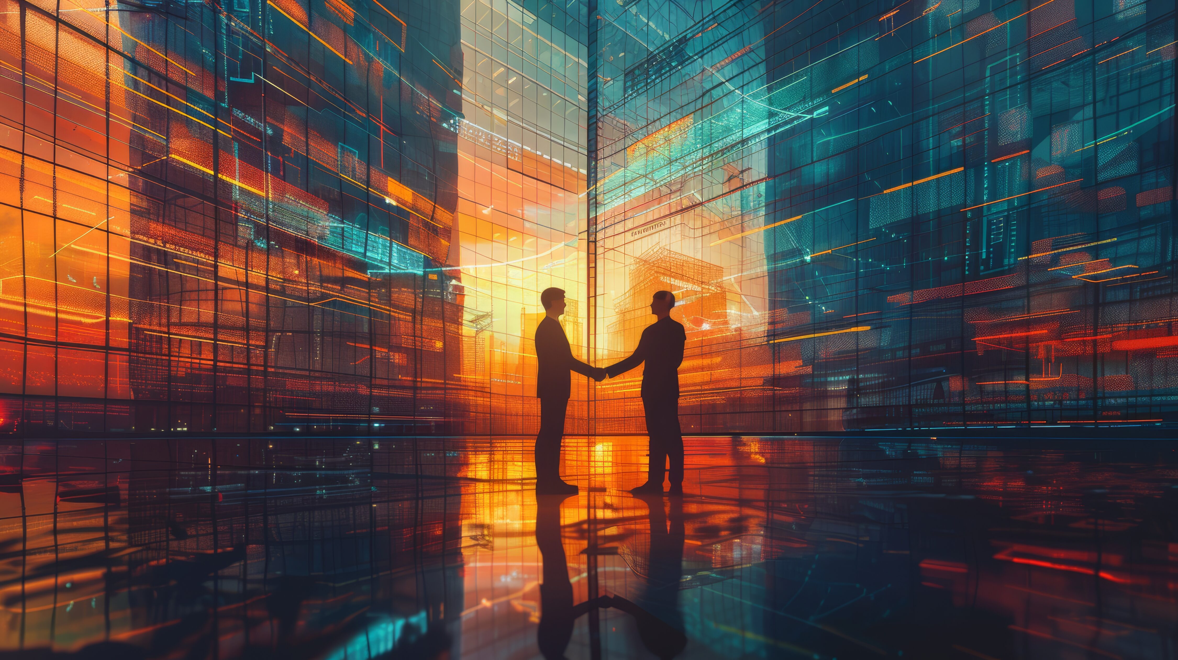 An illustration of two businesspeople shaking hands in front of a large, futuristic office building, symbolizing a successful partnership and collaboration. Keywords: business, partnership, handshake, office, collaboration, success, teamwork.
