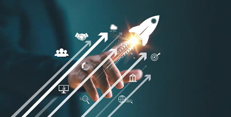 Growth strategy busines trend concept Businessman hand on arrow investment icon Increase sale marketing increase success potential soar rocket towards wealth Competitive business goal plan - IMD Business School marketing analytics tool - IMD Business School