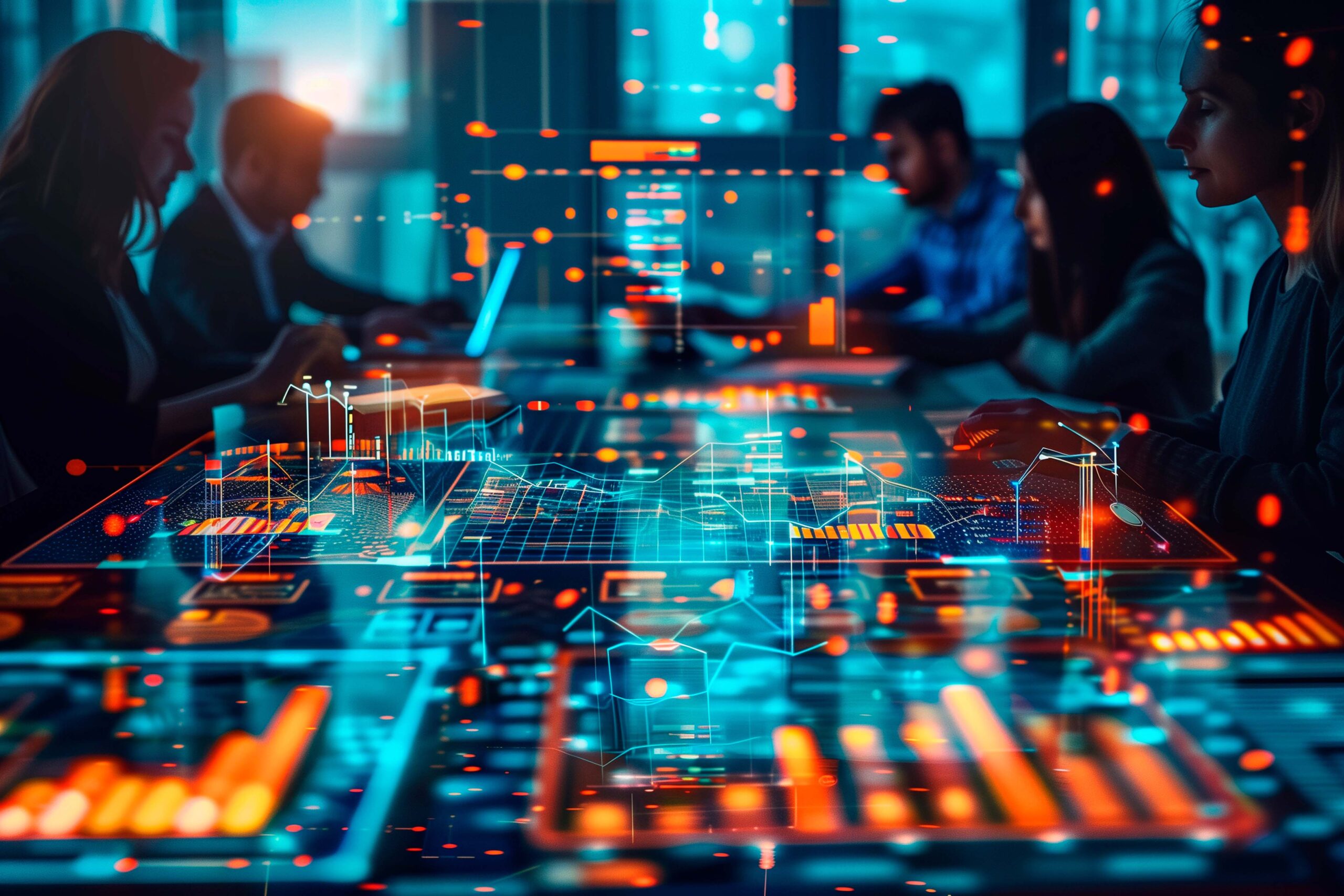 A team of consultants implementing digital transformation strategies for businesses A group of people are sitting around a table looking at a computer screen