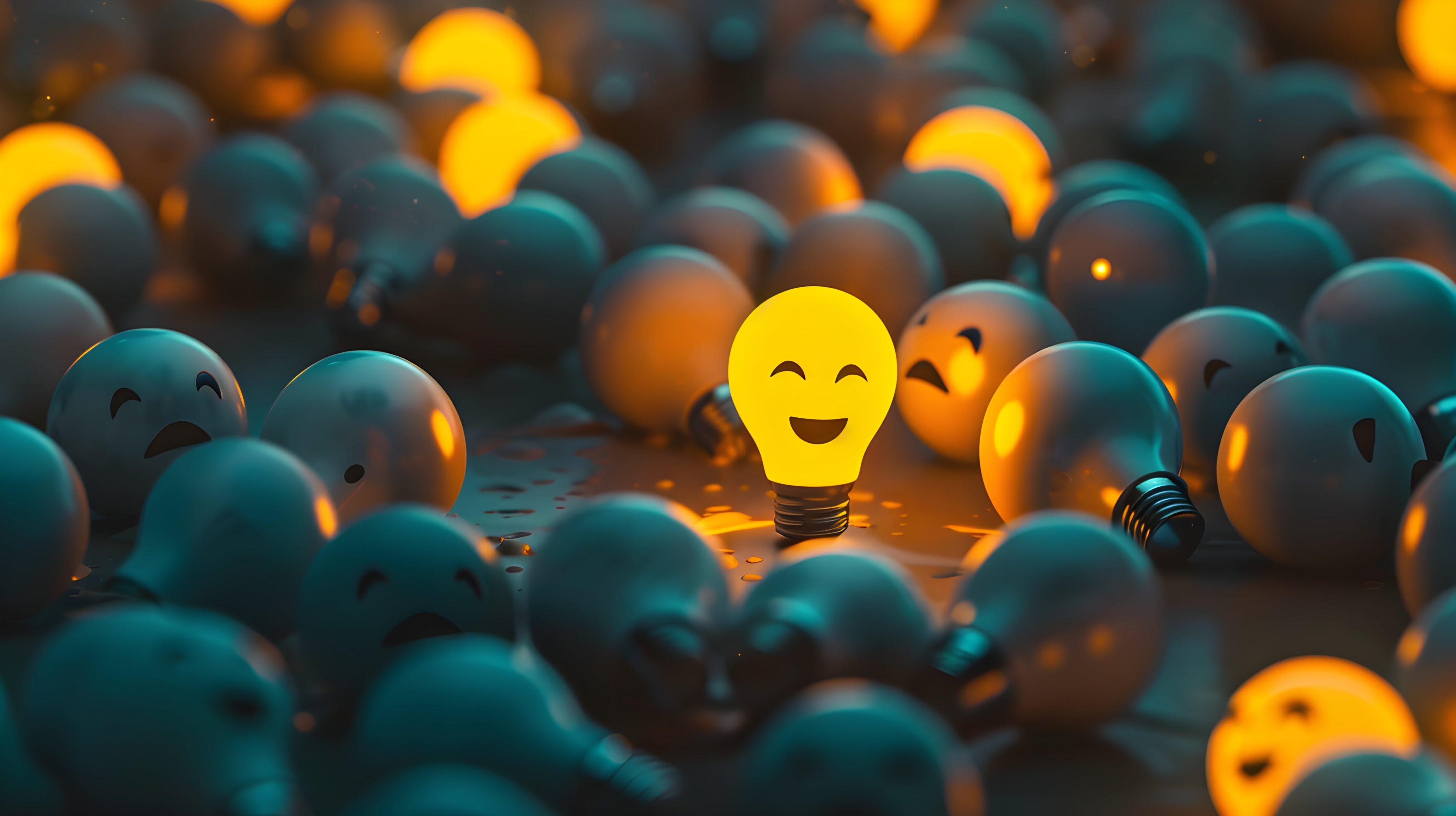 A lot of sad non-burning light bulbs and one joyful burning light bulb A symbol of the creative idea that has arisen and a positive