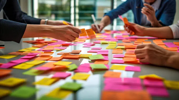 People working on a table full of post-its. - IMD Business School