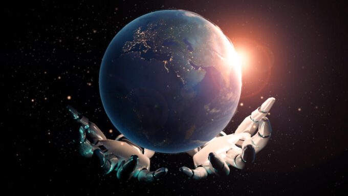 Artificial intelligence mechanical robot hand holding global world in space with sun shine, communication data development of AI technology machine learning research, 3d model futuristic background