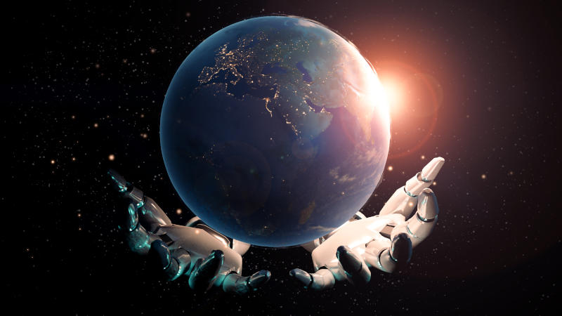 Artificial intelligence mechanical robot hand holding global world in space with sun shine, communication data development of AI technology machine learning research, 3d model futuristic background