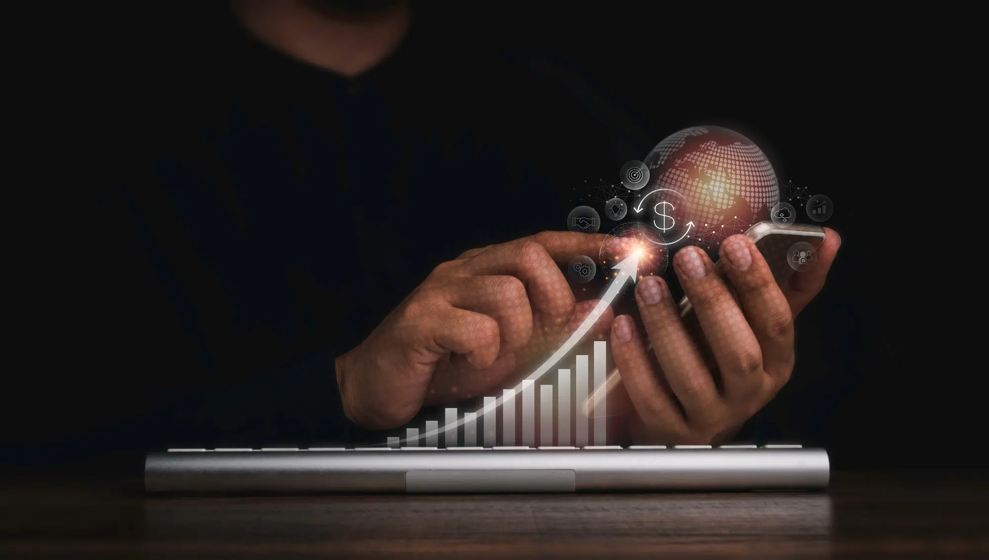 Investment technology with global internet connection financial banking big data concepts Hand using mobile phone with virtual digital earth and business management icons with increased graphs - IMD Business School