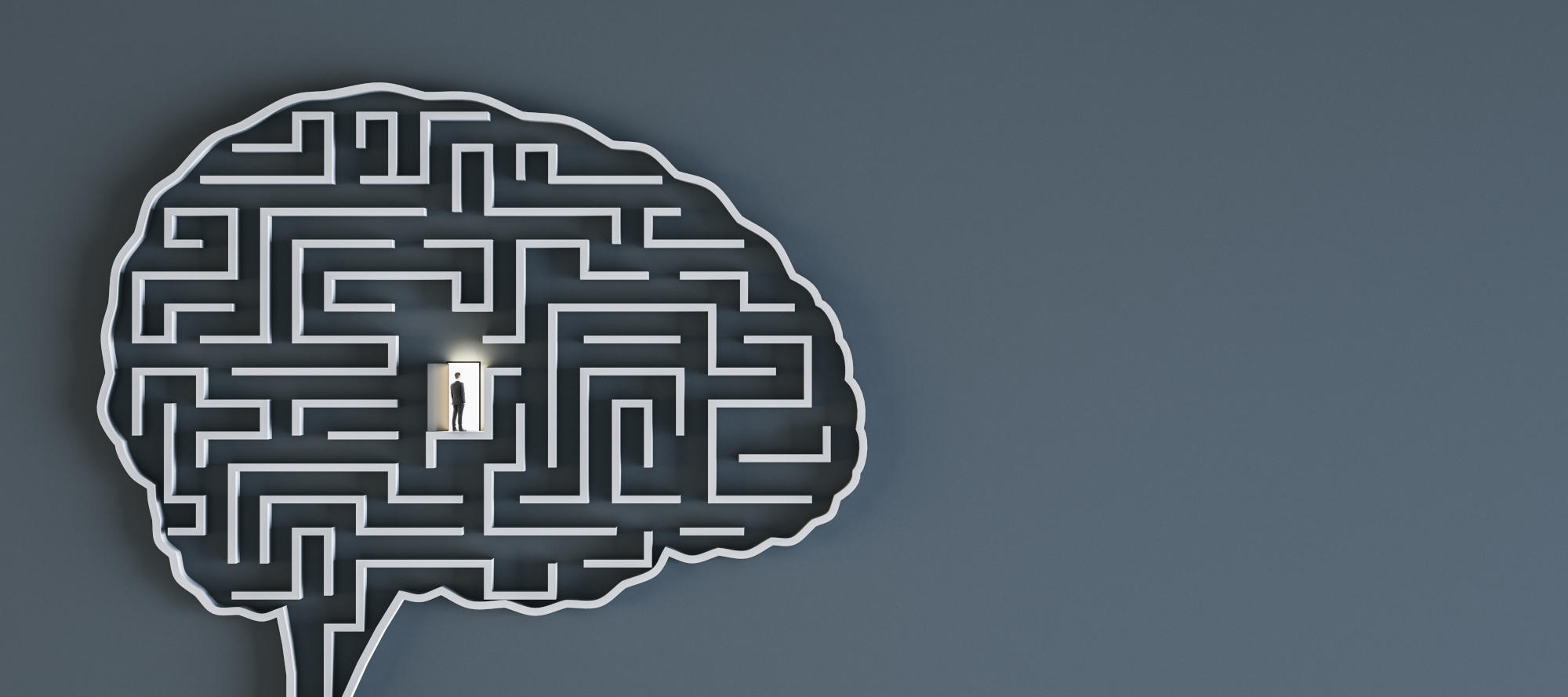 Ai and creative idea concept with businessman in front of open door with light in labyrinth in form of human brain on blank grey wall background with space for your logo or text mock up