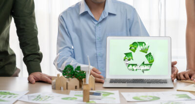 Recycle sign displayed on laptop shows eco conservative concept Delineation