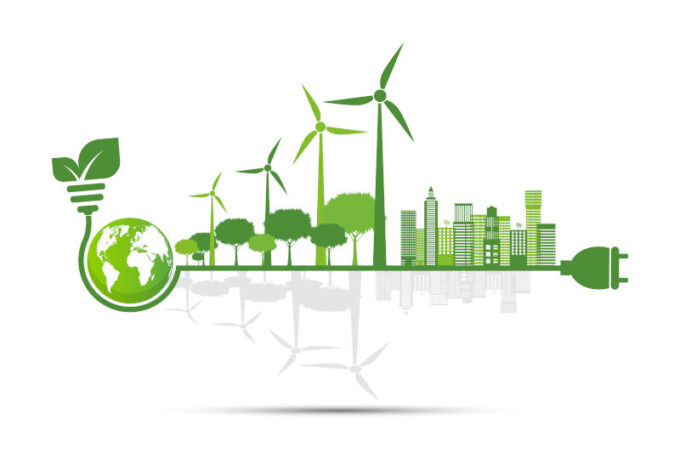 Ecology and Environmental ConceptEarth Symbol With Green Leaves Around Cities Help The World With Eco-Friendly IdeasVector illustration