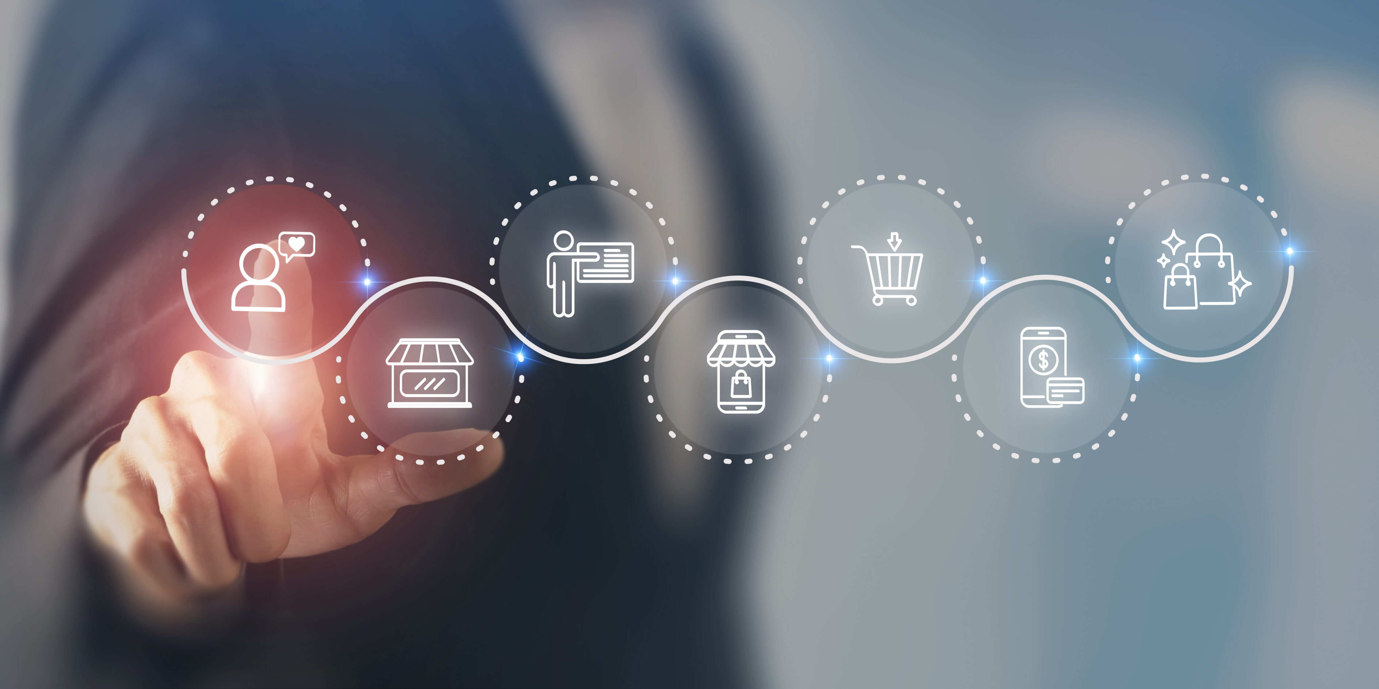 Seamless customer experience concept Touching screen for providing personalized support throughout the customer journey from product discovery to purchase and engagement featuring digital icons